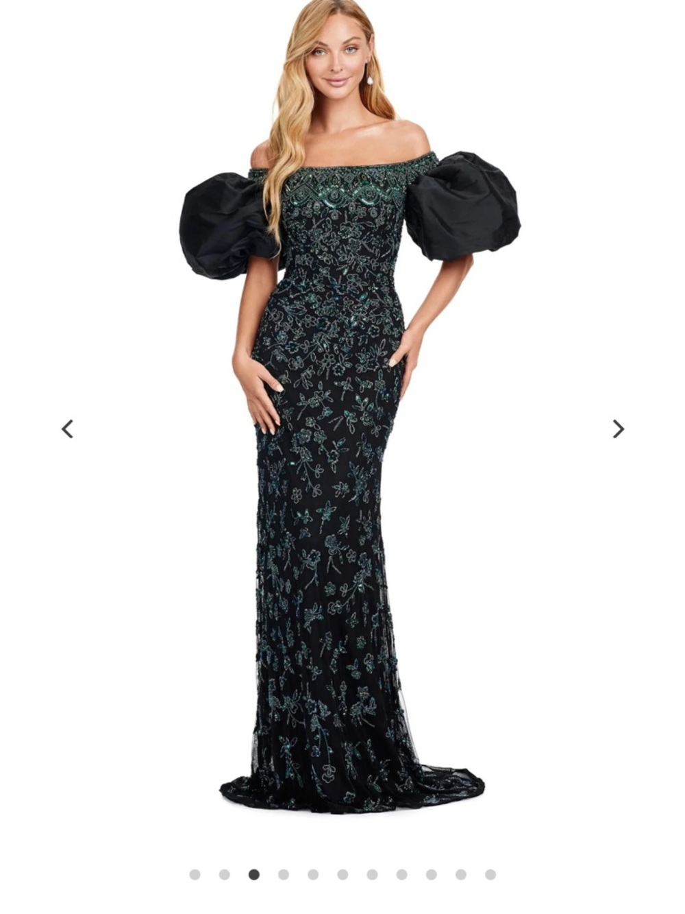 Off-Shoulder Black Evening Gown with Green Embellishment and Puff Sleeves